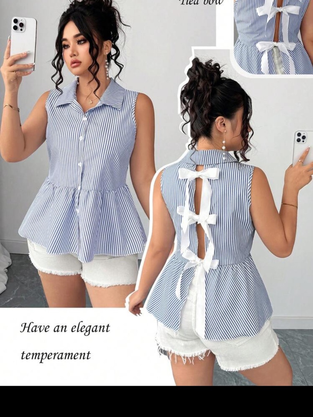 Sleeveless Blue Stripe Peplum Top with Back Tie